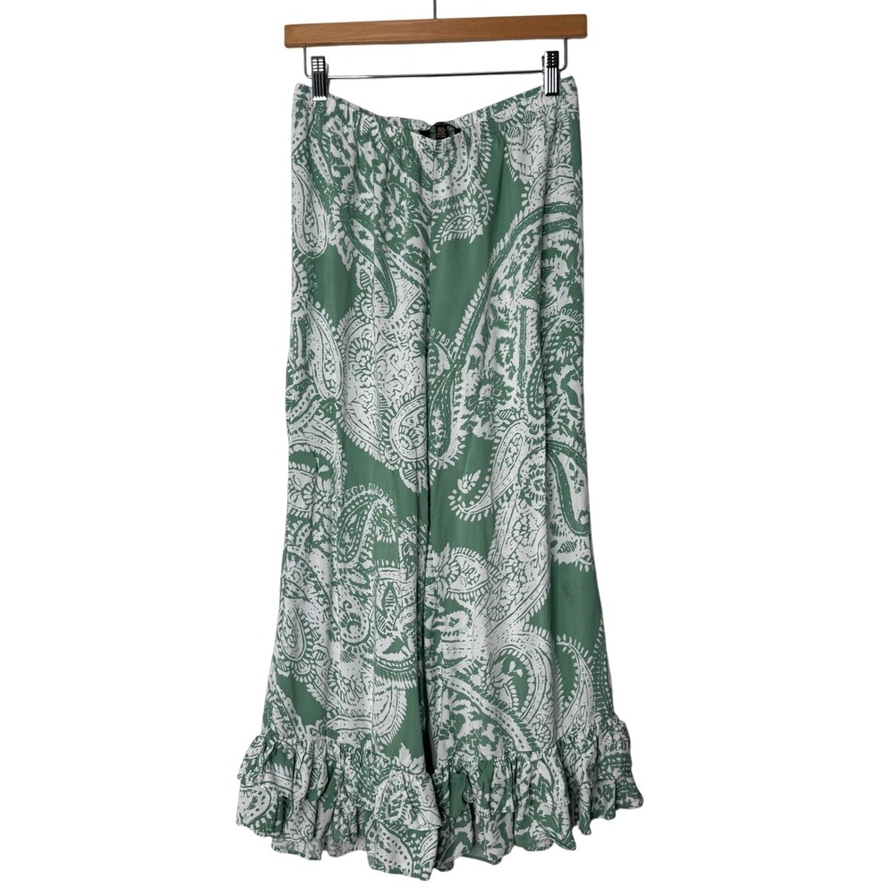 Melissa Paige Green Paisley Wide Leg Cropped Ruffle Hem Boho Pants Womens Medium